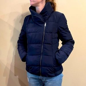 Puffer Coat with Oversized Collar & Asymmetrical Zip